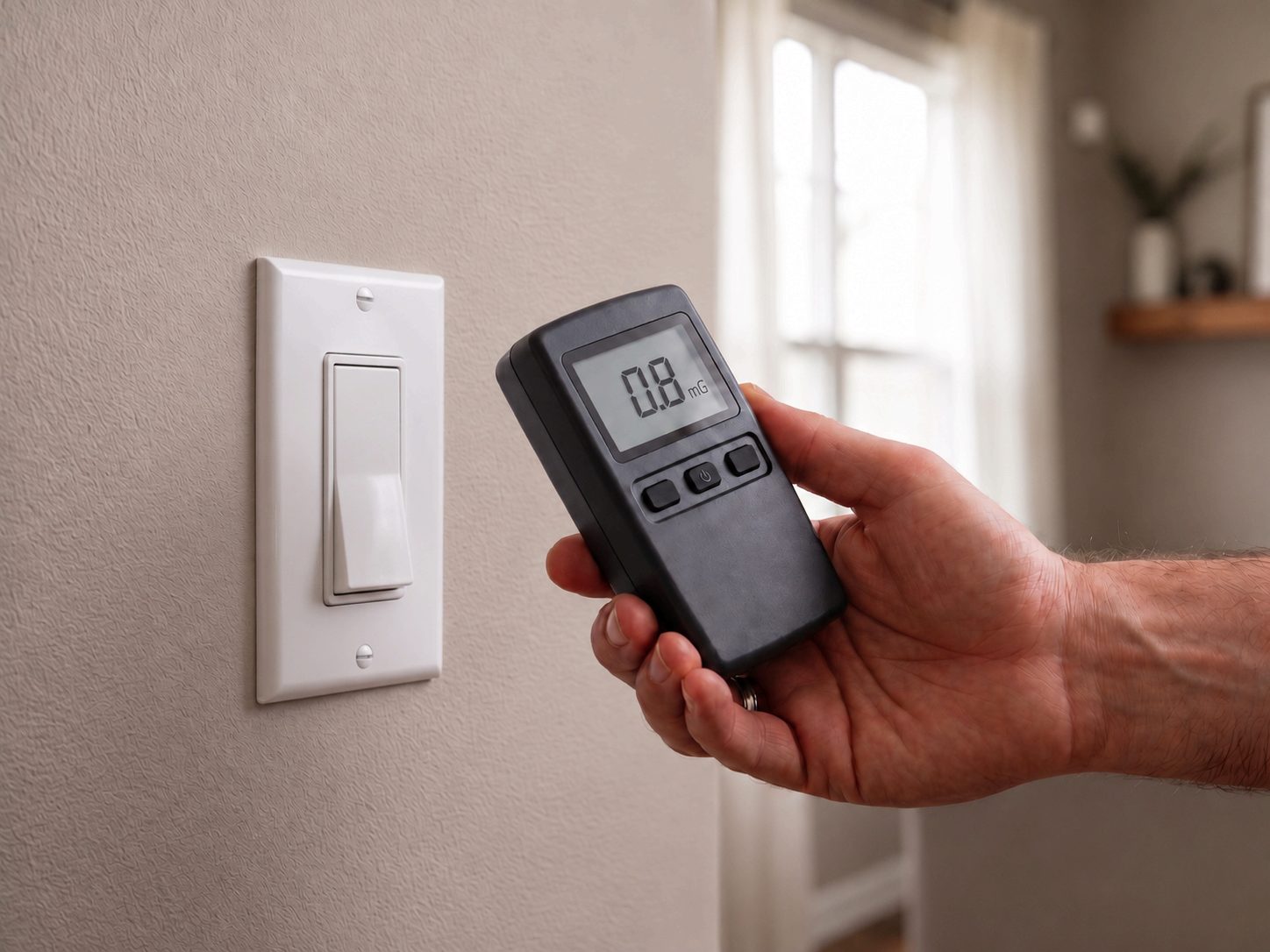 Close-up of a hand holding an EMF meter (0.8 mG) beside a wall outlet